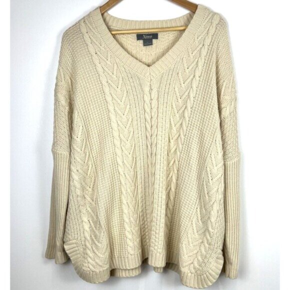 Natural Reflections V-Neck Sweater Oatmeal Cable Knit Fisherman’s Preppy Size XL - Picture 1 of 16